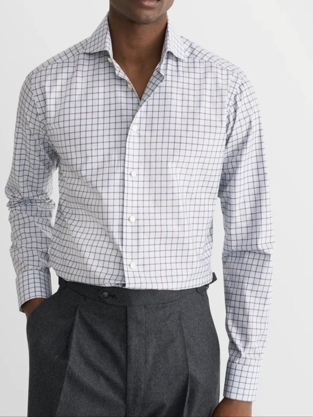 Eton Textured Twill Check White Dress Shirt with Blue Windowpane Check Size 16